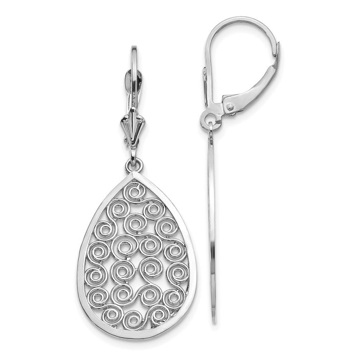 Million Charms 14k White Gold Teardrop Filigree Dangle Leverback Earrings, 41mm x 16mm