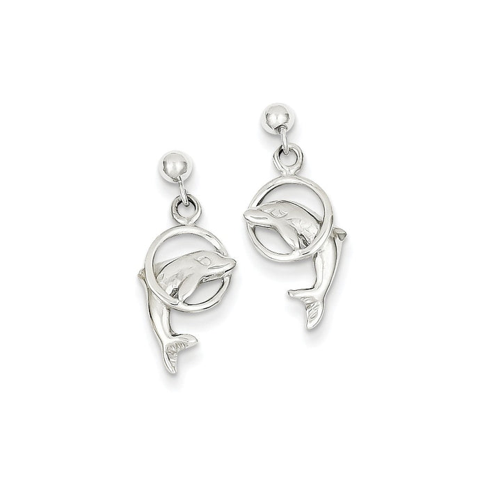 Million Charms 14k White Gold Dolphin Dangle Earrings, 22mm x 9mm