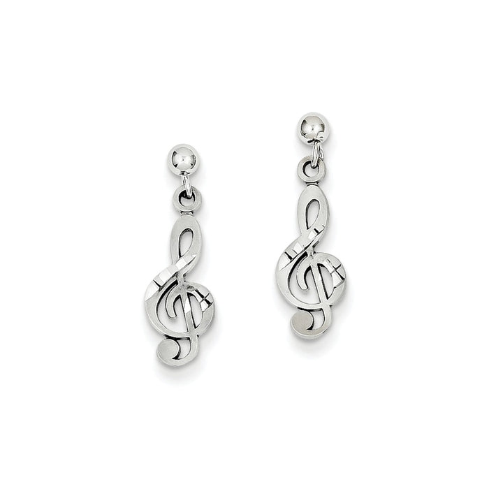 Million Charms 14k White Gold Treble Clef Dangle Earrings, 22mm x 6mm