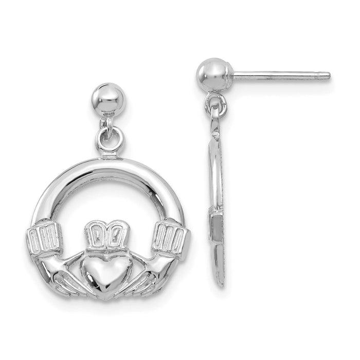 Million Charms 14k White Gold Solid Polished Flat-Backed Claddagh Earrings, 21mm x 15mm