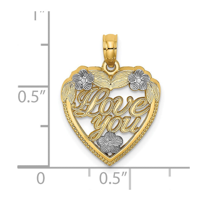 Million Charms 14K Yellow Gold Themed With Rhodium-plated Love You In Heart With Flowers Charm