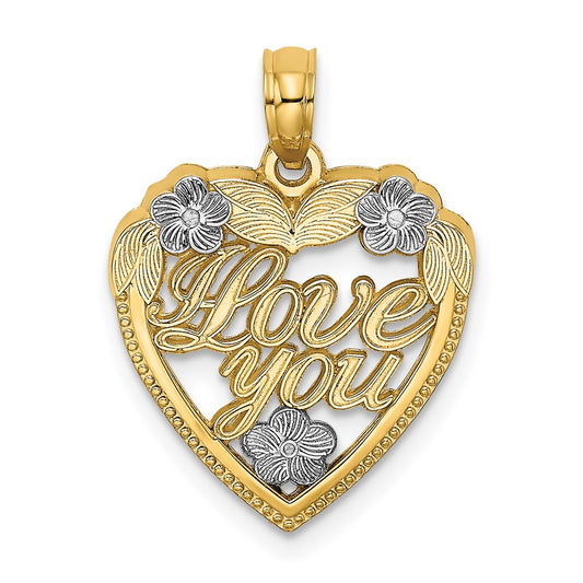 Million Charms 14K Yellow Gold Themed With Rhodium-plated Love You In Heart With Flowers Charm