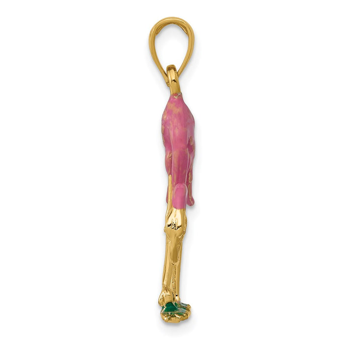 Million Charms 14K Yellow Gold Themed Enameled 3-D Pink Flamingo Pendant