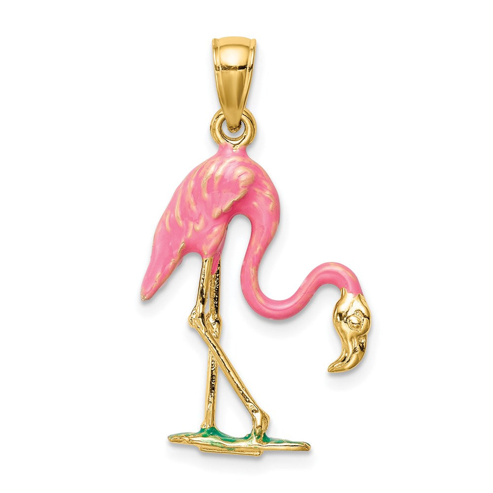 Million Charms 14K Yellow Gold Themed Enameled 3-D Pink Flamingo Pendant