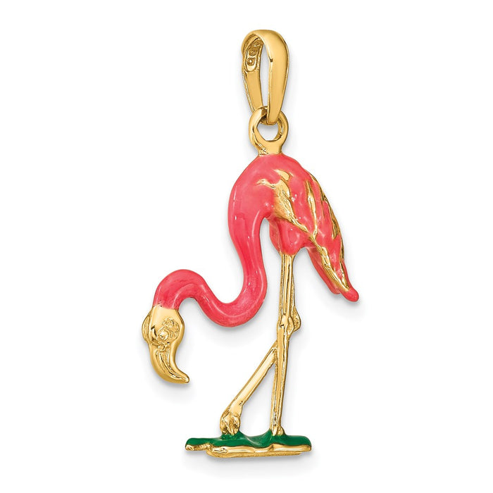 Million Charms 14K Yellow Gold Themed Enameled 3-D Pink Flamingo Pendant