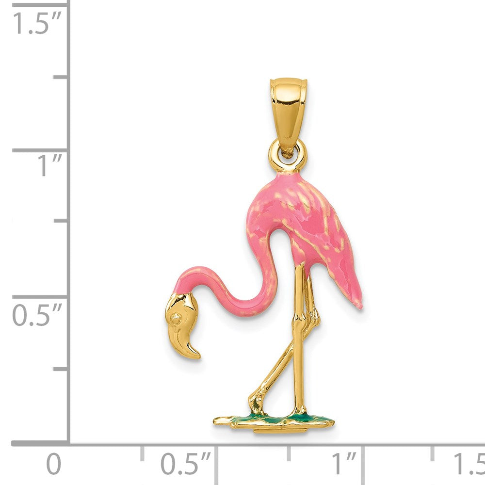 Million Charms 14K Yellow Gold Themed Enameled 3-D Pink Flamingo Pendant
