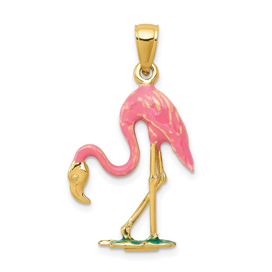 Million Charms 14K Yellow Gold Themed Enameled 3-D Pink Flamingo Pendant