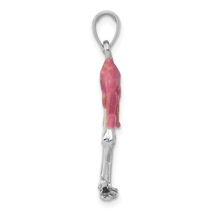 Million Charms 14K White Gold Themed Enameled 3-D Pink Flamingo Pendant