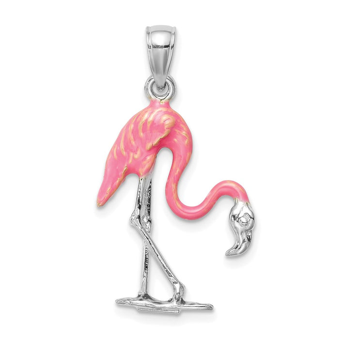 Million Charms 14K White Gold Themed Enameled 3-D Pink Flamingo Pendant