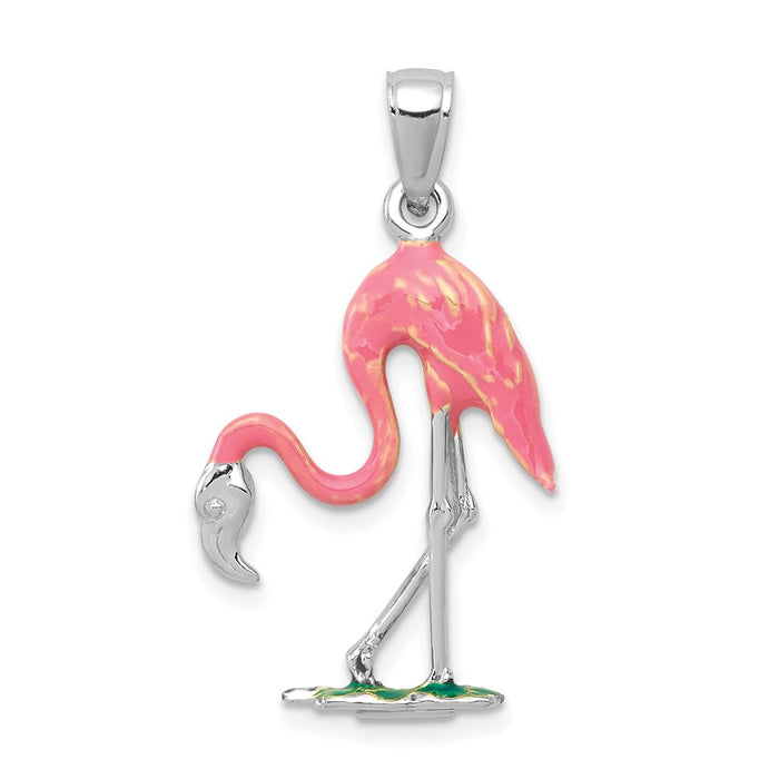 Million Charms 14K White Gold Themed Enameled 3-D Pink Flamingo Pendant