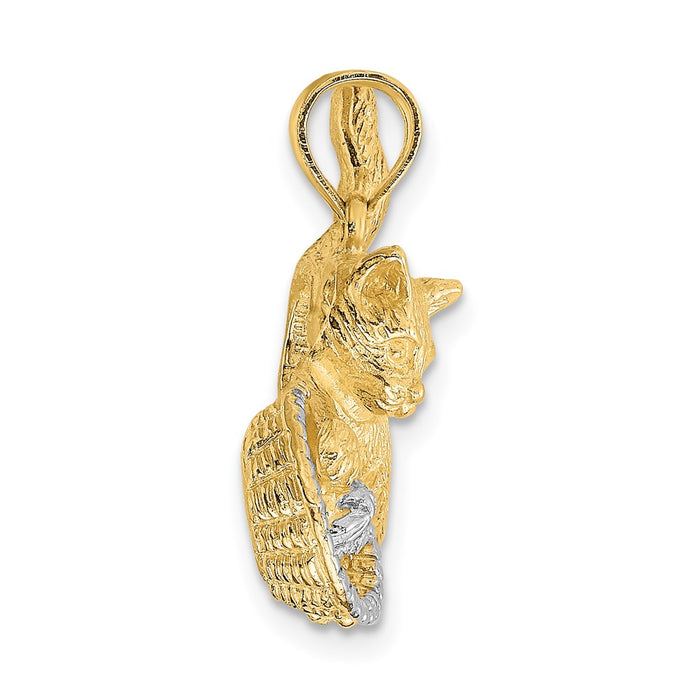 Million Charms 14K Yellow Gold Themed With Rhodium-plated Cat Playing With Yarn In Basket Charm