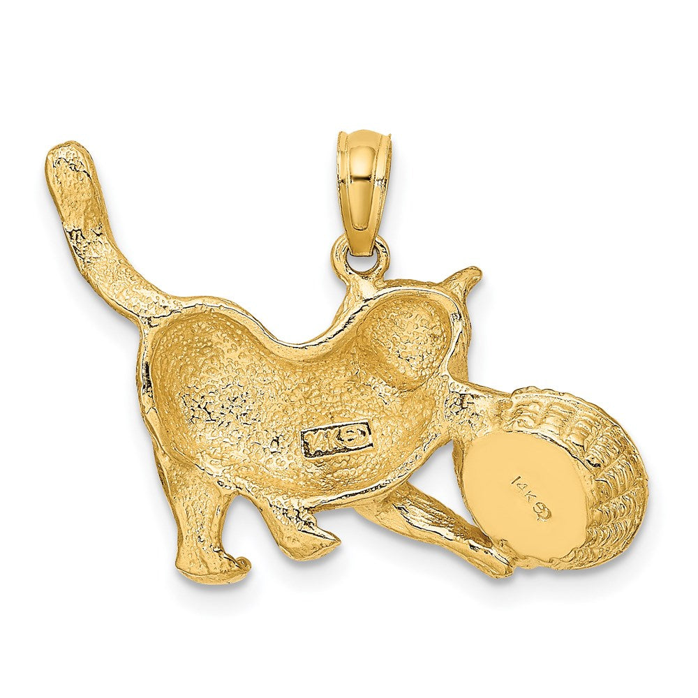 Million Charms 14K Yellow Gold Themed With Rhodium-plated Cat Playing With Yarn In Basket Charm