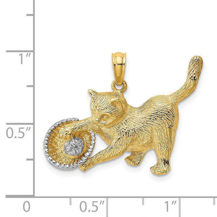 Million Charms 14K Yellow Gold Themed With Rhodium-plated Cat Playing With Yarn In Basket Charm