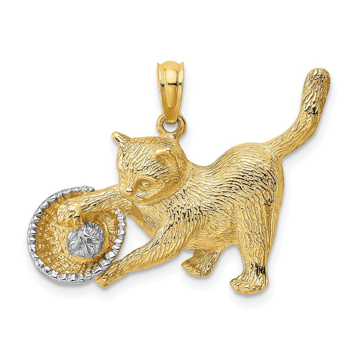 Million Charms 14K Yellow Gold Themed With Rhodium-plated Cat Playing With Yarn In Basket Charm