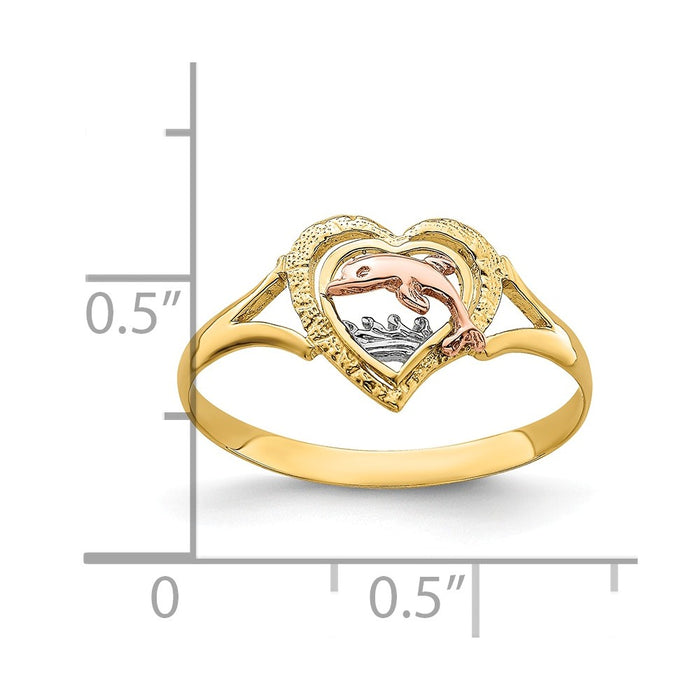 14k Yellow & Rose Gold with Rhodium Dolphin in Heart Ring, Size: 7