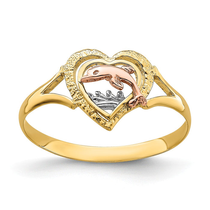 14k Yellow & Rose Gold with Rhodium Dolphin in Heart Ring, Size: 7