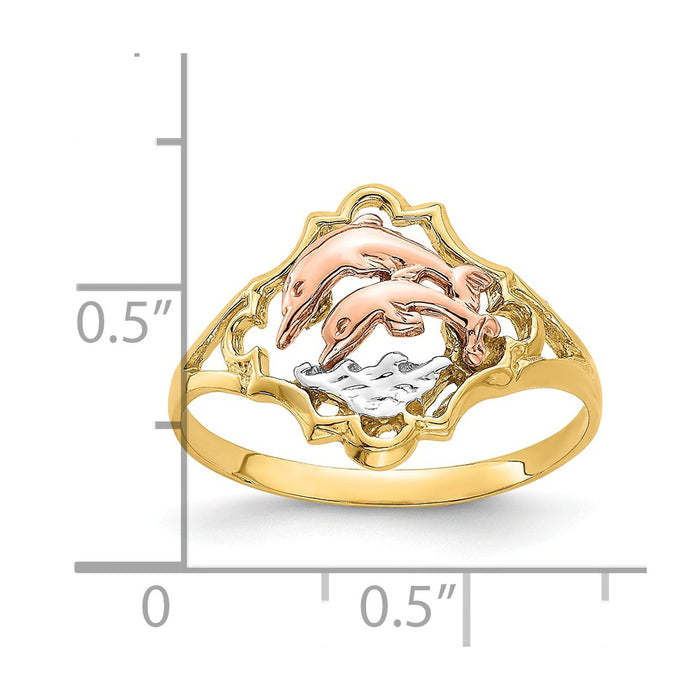 14k Yellow & Rose Gold with Rhodium Double Dolphin Ring, Size: 6