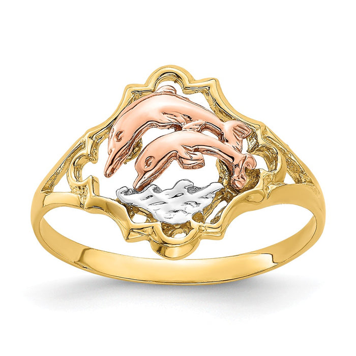 14k Yellow & Rose Gold with Rhodium Double Dolphin Ring, Size: 6