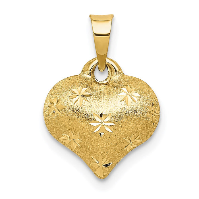 Million Charms 14K Yellow Gold Themed Polished & Satin Diamond-Cut 3-D Puffed Heart Pendant