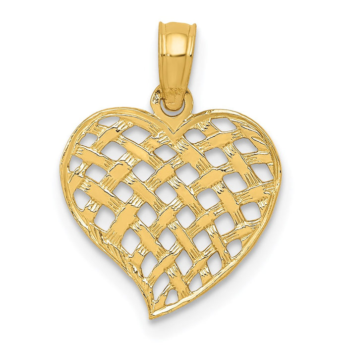 Million Charms 14K Yellow Gold Themed Polished Basket Weave Pattern Heart Pendant