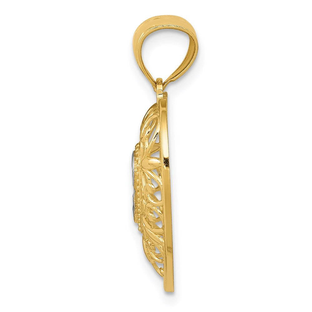 Million Charms 14K Yellow Gold Themed With Rhodium-plated Polished Diamond-Cut Filigree Heart Pendant