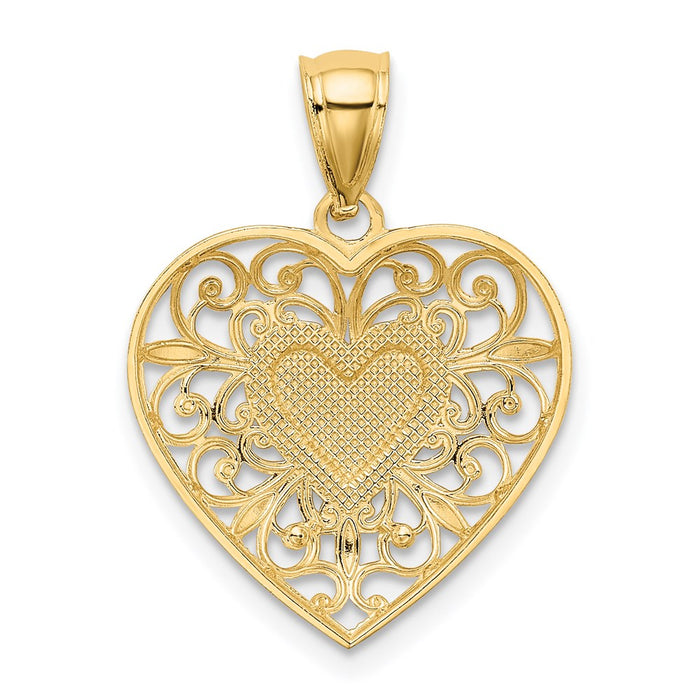 Million Charms 14K Yellow Gold Themed With Rhodium-plated Polished Diamond-Cut Filigree Heart Pendant