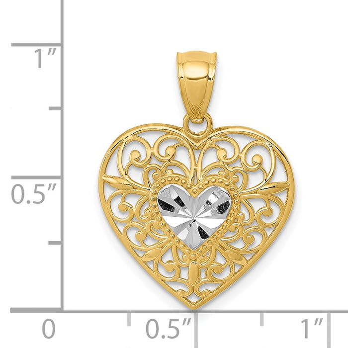 Million Charms 14K Yellow Gold Themed With Rhodium-plated Polished Diamond-Cut Filigree Heart Pendant