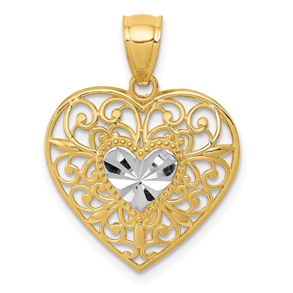 Million Charms 14K Yellow Gold Themed With Rhodium-plated Polished Diamond-Cut Filigree Heart Pendant