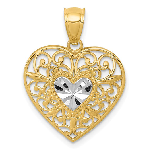 Million Charms 14K Yellow Gold Themed With Rhodium-plated Polished Diamond-Cut Filigree Heart Pendant