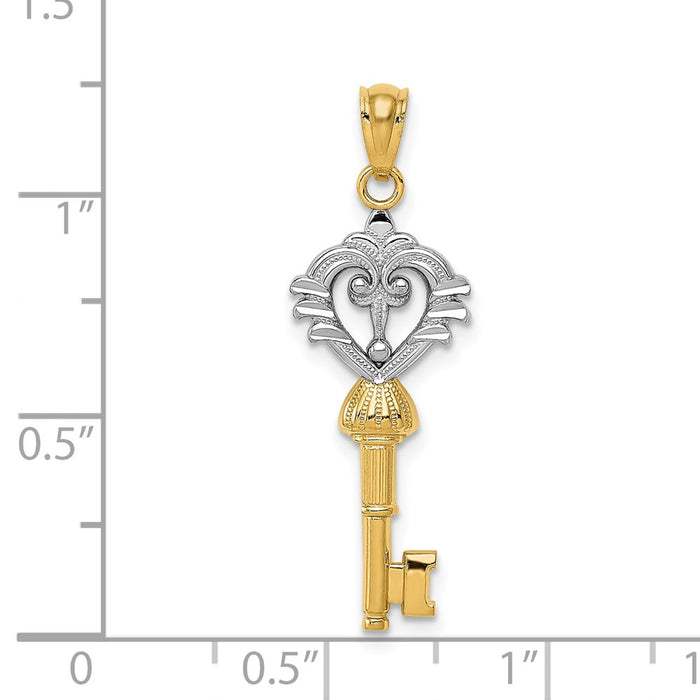 Million Charms 14K Yellow Gold Themed With Rhodium-plated Polished Diamond-Cut Fancy Key Charm