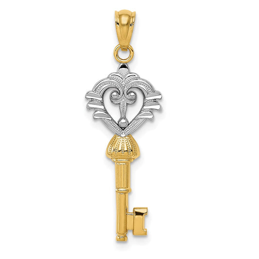 Million Charms 14K Yellow Gold Themed With Rhodium-plated Polished Diamond-Cut Fancy Key Charm