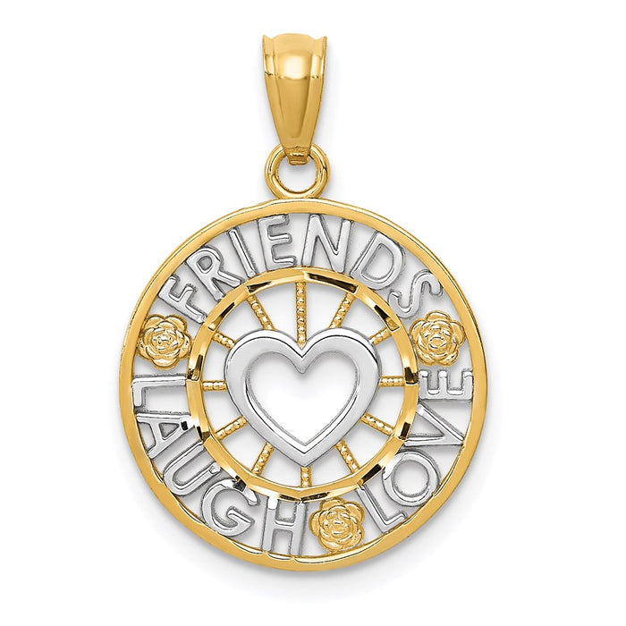 Million Charms 14K Yellow Gold Themed With Rhodium-plated Friends, Laugh, Love Circle Pendant