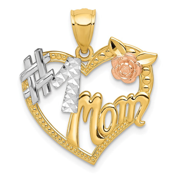 Million Charms 14K Two-Tone, Rhodium-plated #1 Mom Heart Pendant