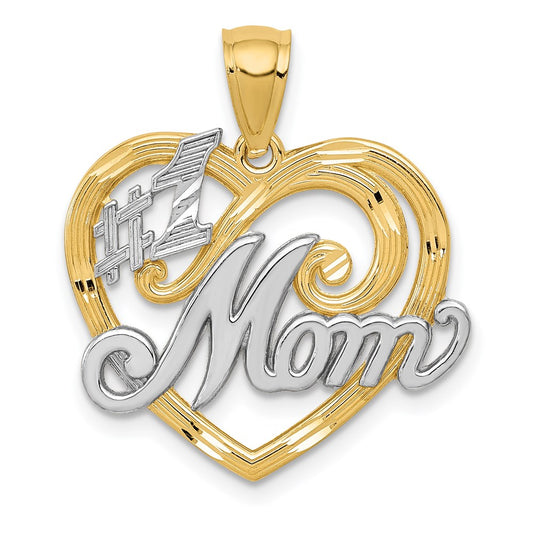Million Charms 14K Yellow Gold Themed With Rhodium-plated #1 Mom Heart Pendant