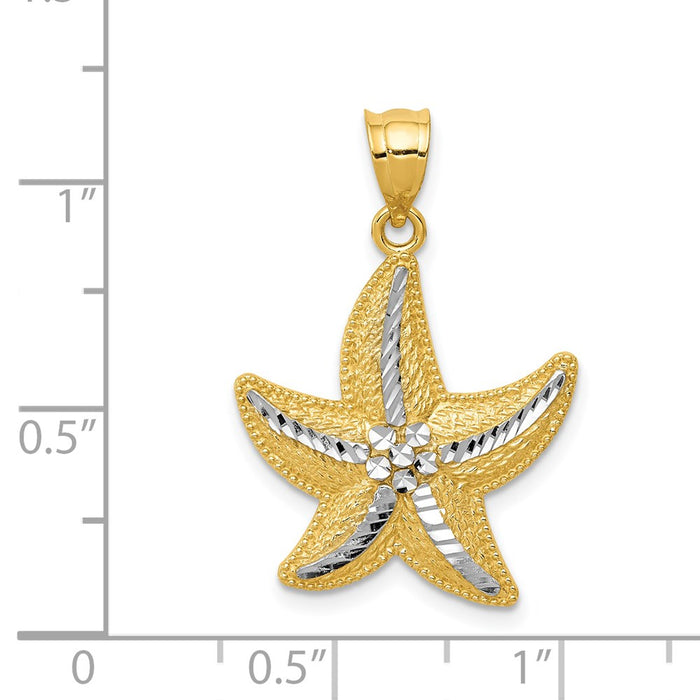 Million Charms 14K Yellow Gold Themed With Rhodium-plated Diamond-Cut Nautical Starfish Pendant