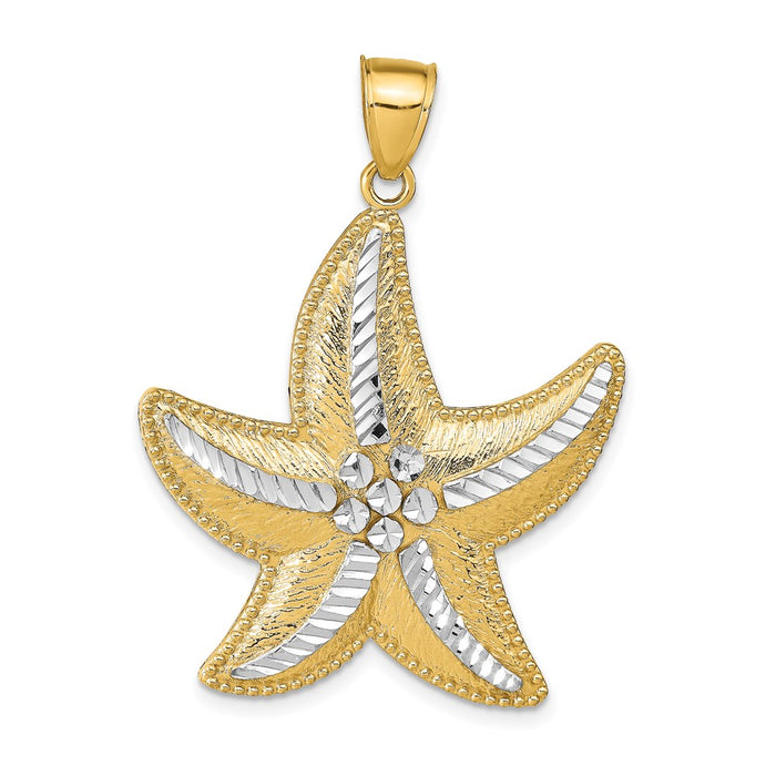Million Charms 14K Yellow Gold Themed, Rhodium-plated Diamond-Cut Textured Nautical Starfish Pendant