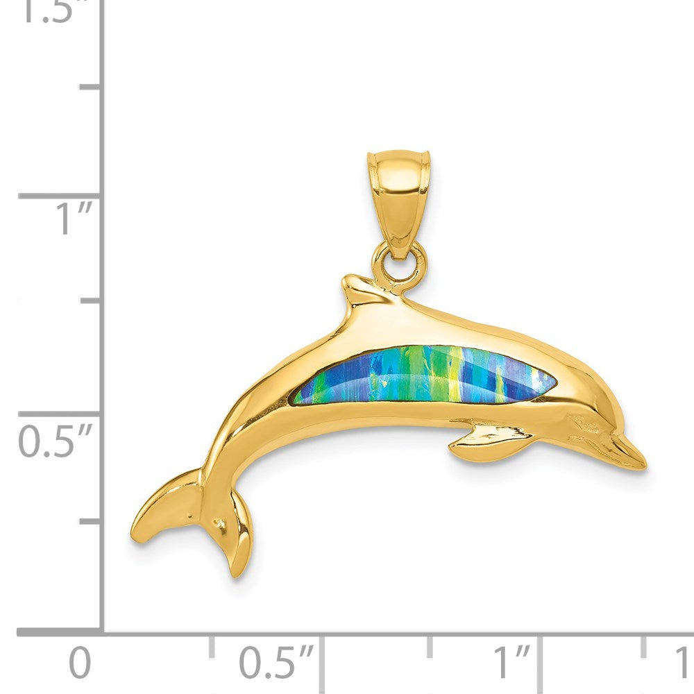 Million Charms 14K Yellow Gold Themed Imitation Opal Dolphin Pendant