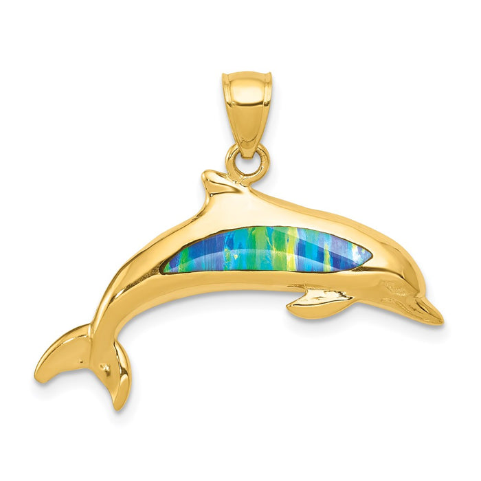Million Charms 14K Yellow Gold Themed Imitation Opal Dolphin Pendant