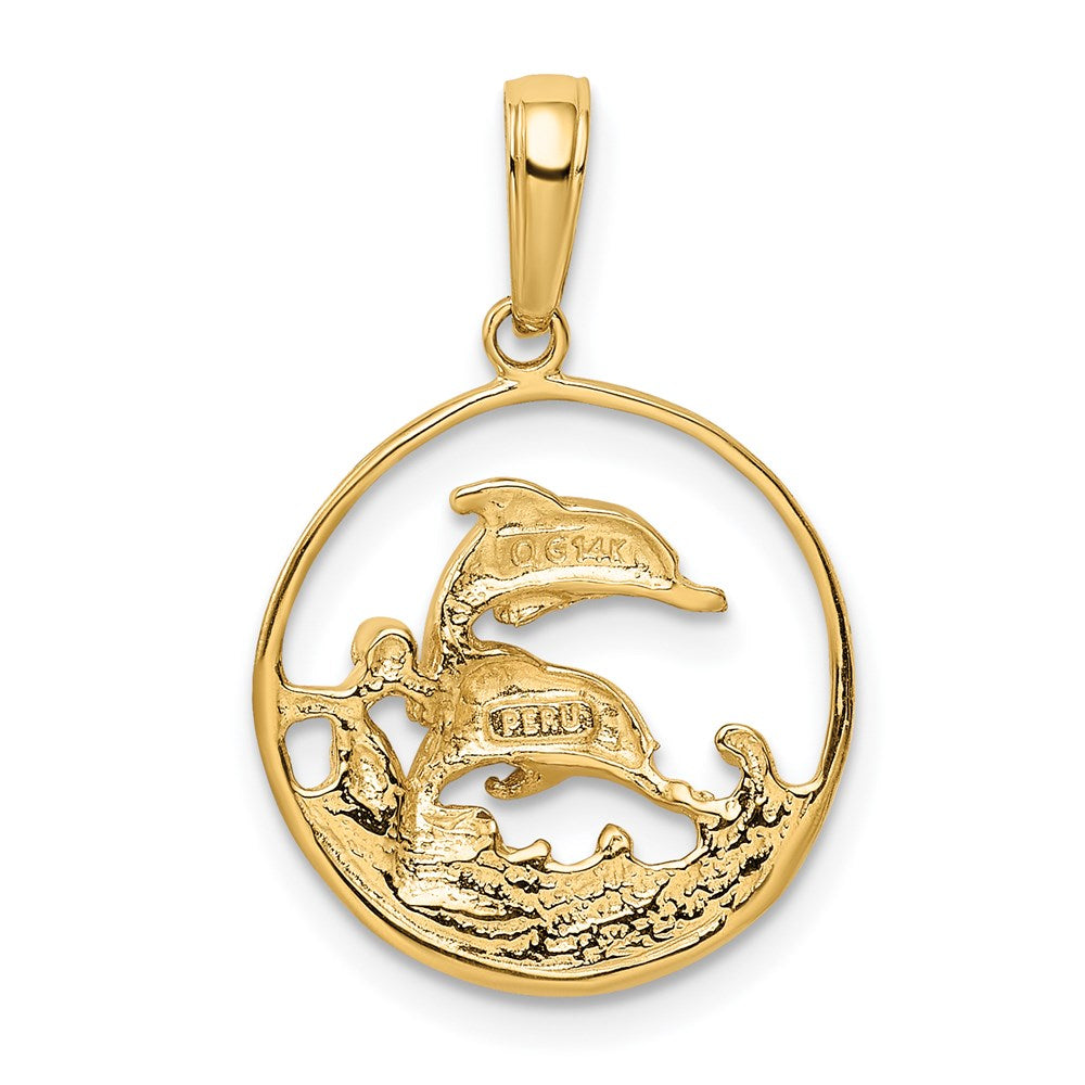 Million Charms 14K Yellow Gold Themed Double Dolphin Circle Pendant