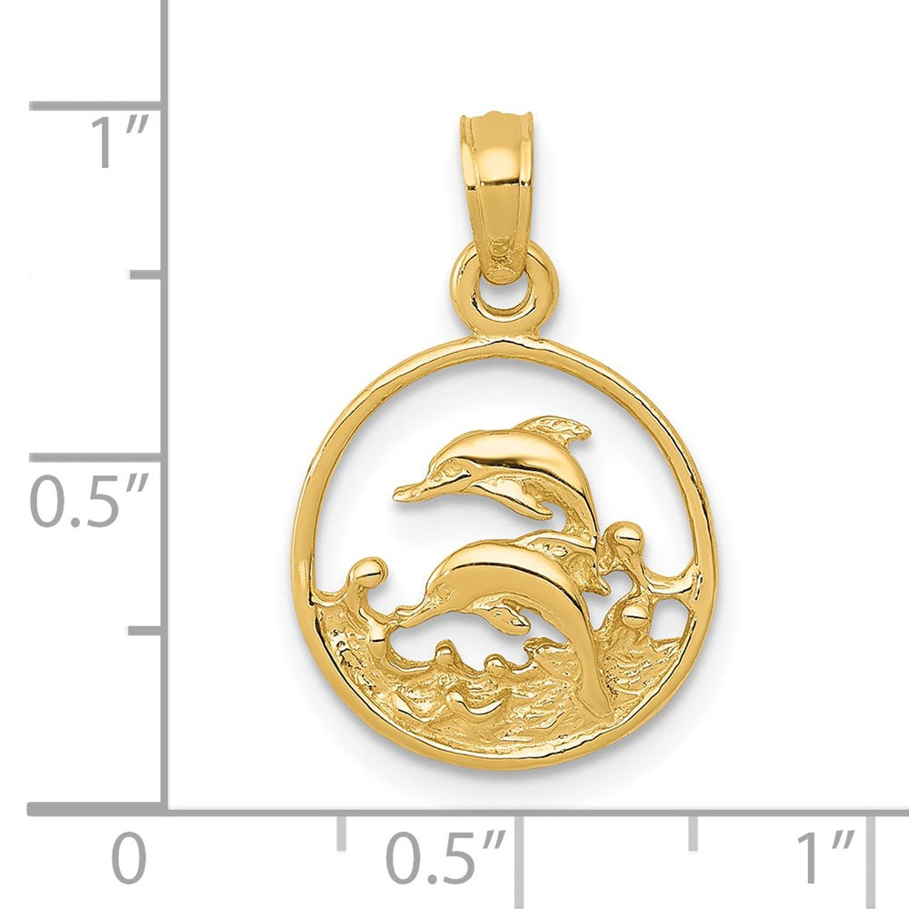 Million Charms 14K Yellow Gold Themed Double Dolphin Circle Pendant