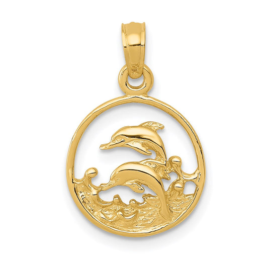 Million Charms 14K Yellow Gold Themed Double Dolphin Circle Pendant