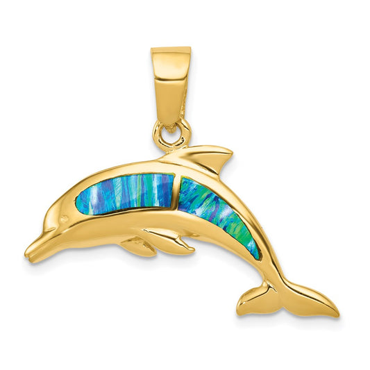 Million Charms 14K Yellow Gold Themed Imitation Opal Dolphin Pendant