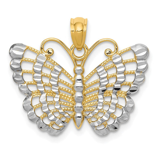 Million Charms 14K Yellow Gold Themed With Rhodium-plated Diamond-Cut Butterfly Pendant