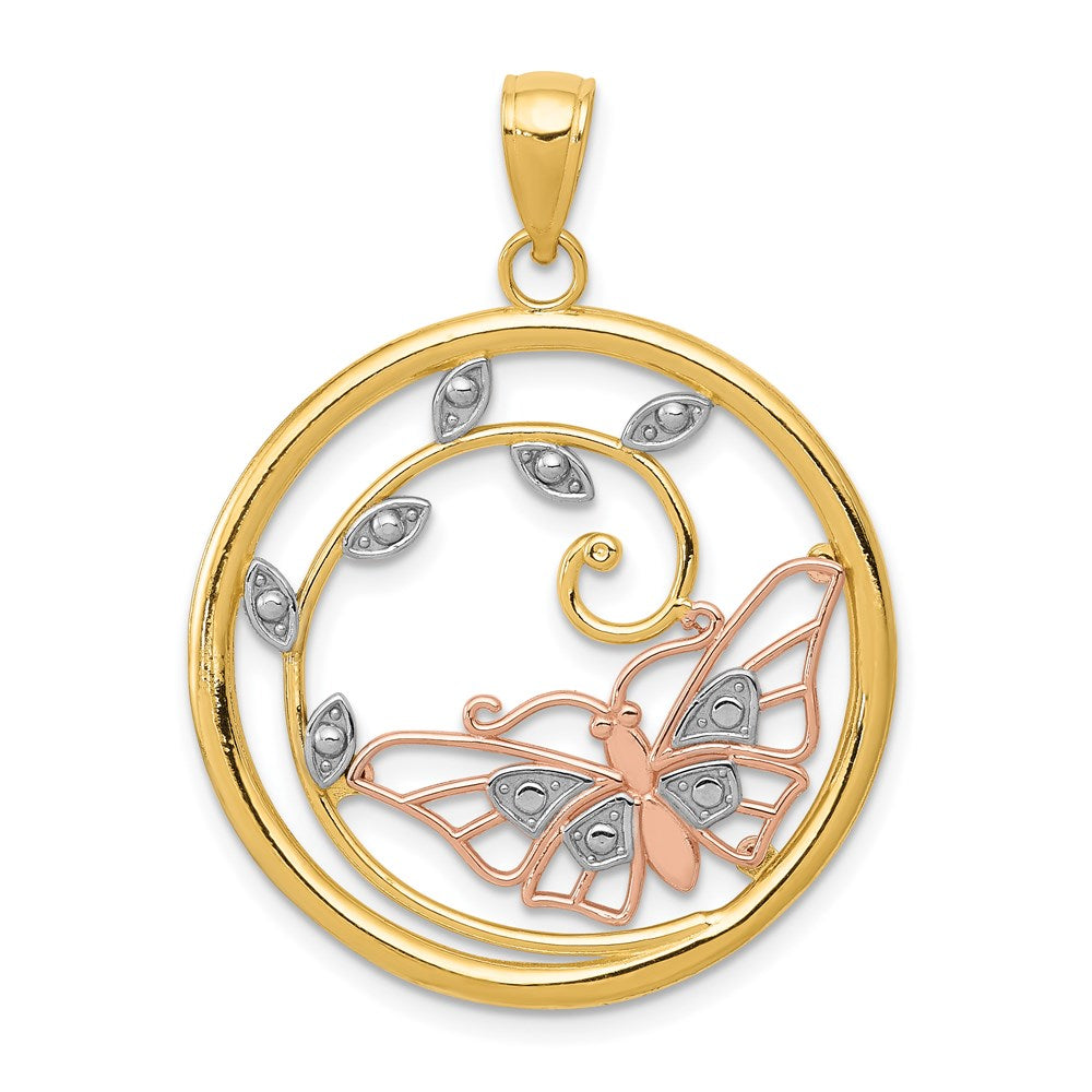 Million Charms 14K Yellow & Rose Gold Themed With Rhodium-plated Butterfly In Circle Pendant