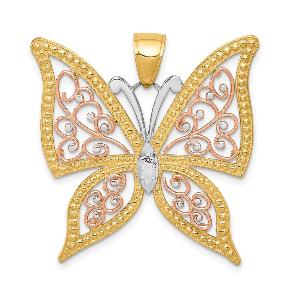 Million Charms 14K Yellow & Rose Gold Themed With Rhodium-plated Diamond-Cut Butterfly Pendant