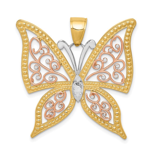 Million Charms 14K Yellow & Rose Gold Themed With Rhodium-plated Diamond-Cut Butterfly Pendant