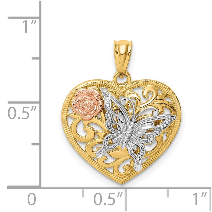 Million Charms 14K Tri Color Butterfly Heart Pendant