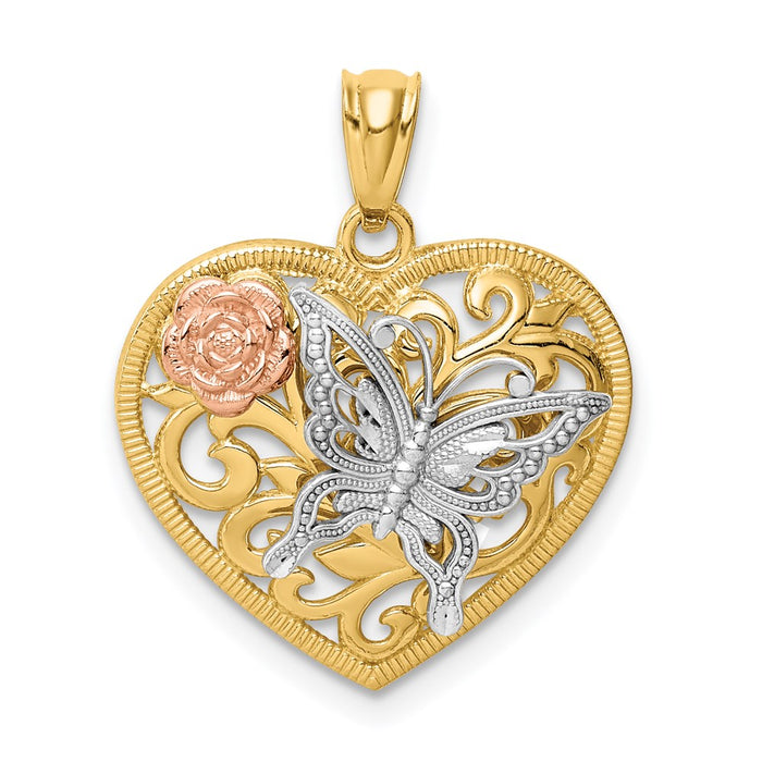 Million Charms 14K Tri Color Butterfly Heart Pendant