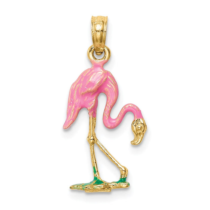 Million Charms 14K Yellow Gold Themed Enameled Flamingo Pendant