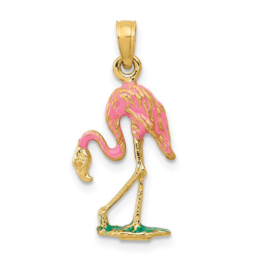 Million Charms 14K Yellow Gold Themed Enameled Flamingo Pendant